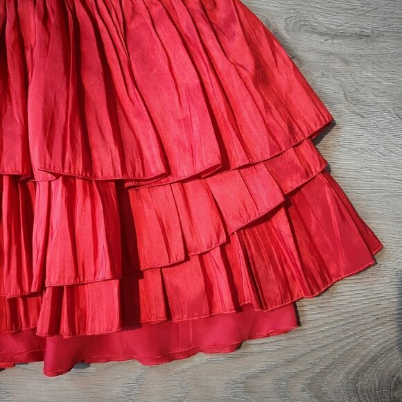Women's Vintage Upcycled Taffeta RED Pleated Multi-tiered Mini Skirt - Picture 10 of 16